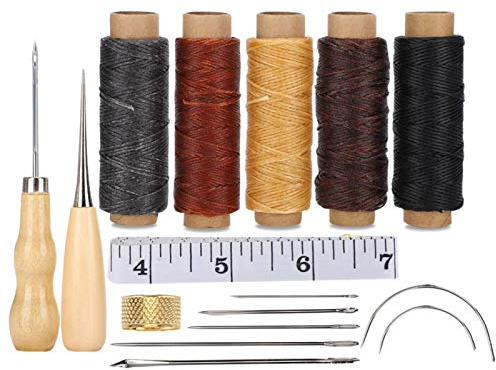 SALUTUYA Leder-Nähset, DIY-Nähwerkzeug, 5 Rollen gewachster Faden, Fingerhut-Maßband-Ahlen-Zubehör-Set, Ledernadeln zum Handnähen
