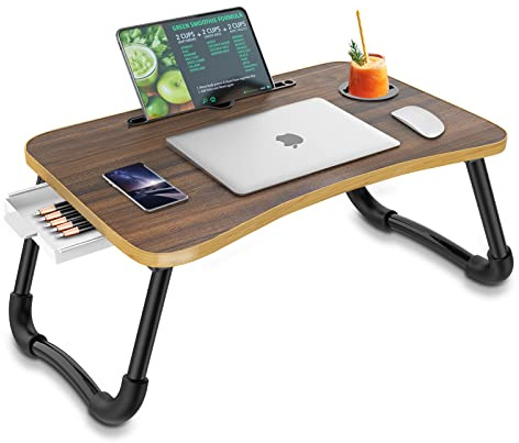 Zapuno Foldable Laptop Bed Table Multi-Function Lap Bed Tray Table with Storage Drawer and Water Bottle Holder, Serving Tray Dining Table with Slot for Eating, Working on Bed/Couch/Sofa