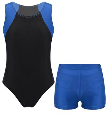 Hedmy Kids Boys Athletic Leotard Top with Shorts Sleeveless Gymnastics Unitard Competition Training Clothes Blue 5-6 Years