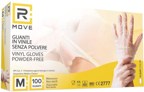 R MOVE 100 Guanti in Vinile Nuovo Modello Senza Polvere, Senza Lattice, ipoallergenici, certificati CE monouso Trasparenti (M)