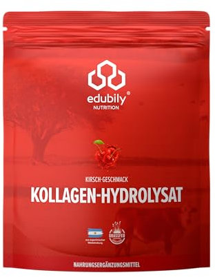 edubily nutrition® Kollagen Pulver (750 g) • Aus Weidehaltung • Premium Collagen Hydrolysat mit den Co-Faktoren Vitamin C, Kupfer, Mangan, Kieselsäure & Zink • Klettbeutel (Kirsche)