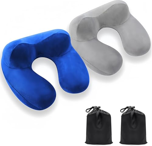 Aufblasbares Reisekissen, 2 Stück Tragbares Reise Nackenstütze, 100% weicher Samt Nackenkissen Aufblasbar, orthopädisches U-förmig Nackenhörnchen für Flugzeug, Zug, Auto, Camping, Büro