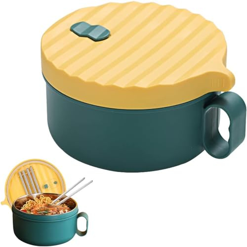 Instant Nudeln Schüssel, Ramen Schüssel mit Deckel, Edelstahl Nudelschale mit Essstäbchen, 1200ML Bento Box Tragbare Auslaufsicher Instant Nudelschale, für Lebensmittel, Bento, Mittagessen (Grün-gelb)