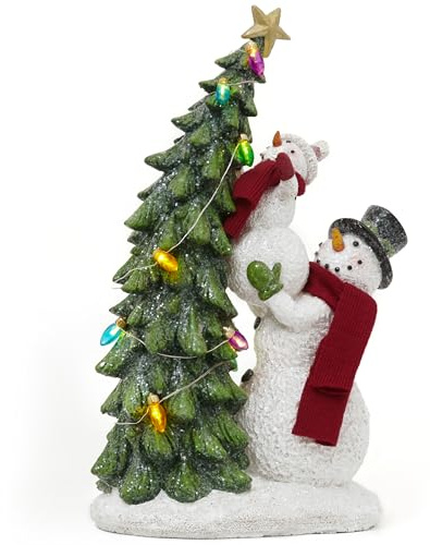 Valery Madelyn Christmas Snowman Figurines Decor with Lights, Cute Red White Resin Snowman Family Decorating Xmas Tree for Holiday Indoor Outdoor Festive Gift Home Tabletop Decorations,12.5 Inch