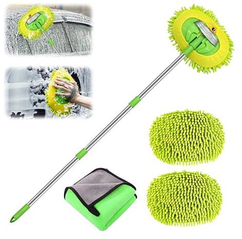 Car Cleaning Brush 43.3 Telescopic Car Wash Brush 2 in 1 Microfiber Car Wash Mop with Extra Mop Head and Towel Cloth Car Wash Kit for Cleaning Cars Caravans Van Truck Boat