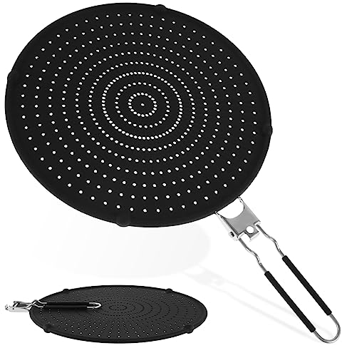 Silicone Splatter Screen Guard, 32cm Frying Pan Splatter Guard Multipurpose Silicone Splatter Cover with Foldable Handle Silicone Splash Guard for Frying Pan, Drain Board and Strainer
