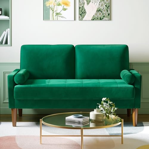 Vesgantti Small 2 Seater Sofa Green, Comfy Couch with Spring Cushion, Velvet Sofa with Wood Legs, Modern Love Seat Sofa 2 Seater for Living Room, Small Couch for Bedroom, Green Office Couch