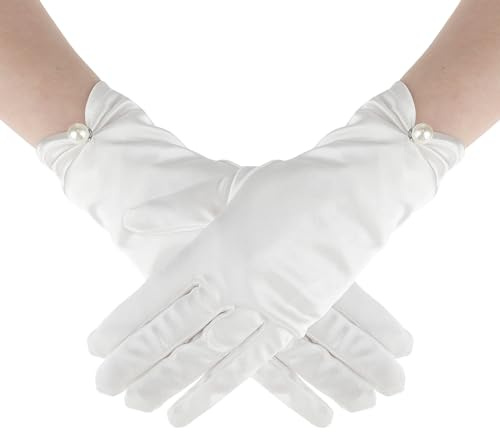 AHQiZFX White Satin Gloves for Women, Bridal Short Satin Gloves Wedding Banquet Opera Uniform Glove Opera Banquet 1920s Flapper Accessories Floral Tea Party Tuxedo Glove for Dance Dress Tea Party