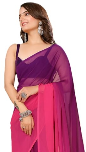 Ekasya Women's Soft Georgette Printed Ready to Wear Solid Saree and Unstitched Blouse Piece | Readymade Saree | Sari for Women | E2059