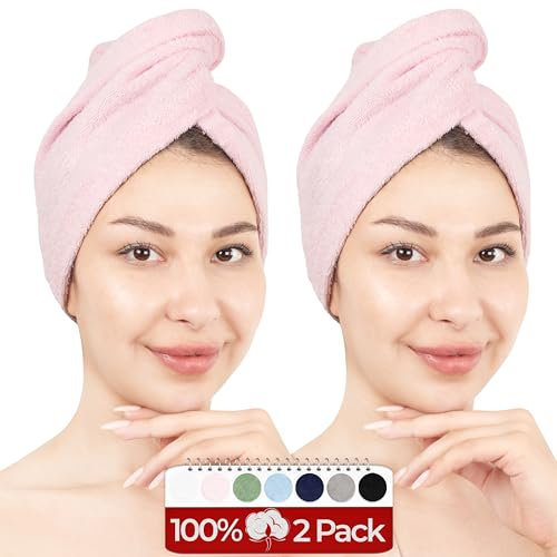 Hammetex 2er Set Badehandtuch 100% Baumwolle, Flauschig Saugstark und Schnelltrocknend, Handtuch mit Knopf für Haare, Damen, Rosa