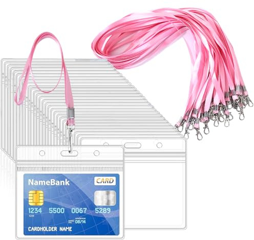 50pcs Lanyards for Neck with Clear Plastic ID Card Holders | Horizontal Sealable Waterproof Name Badge Holders with Nylon Lanyard for ID Cards Office School Bus Passes Doctors Visitors