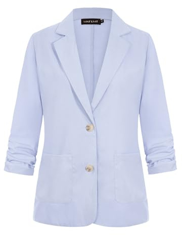 LADI TREND Stylish 3/4 Ruched Sleeve Cotton Linen Blazer Jackets Ladies Women with Buttons Pockets Summer Suits (Light Blue L)