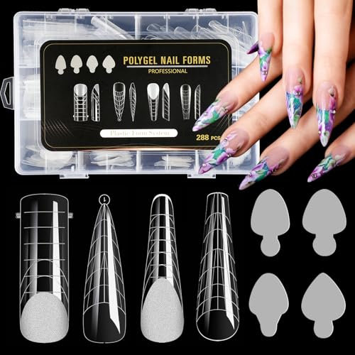 JSRQT 288Pcs Nail Dual Forms Kit for Polygel,Duet System Nails Forms for Extension,Silicone Molds Acrylic Nail Tips Forms Sticker,4 Styles 12 Sizes Scale