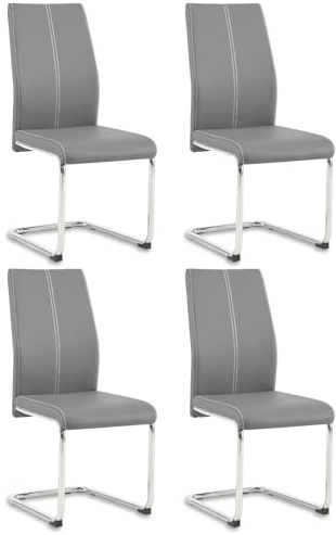 Colorig Faux Leather Dining Chairs Set of 4, High Backrest Kitchen Chairs with U Shape Chrome Metal Legs, Easy Clean Chair for Living Room Dining Room Office Kitchen (4, Grey)