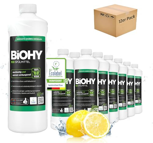 BiOHY Detergente para lavavajillas Plus (12 x 1 litro) | concentrado líquido orgánico para vajilla con etiqueta ecológica de la UE | Extrapotente desengrasante | ideal para dispensador de detergente |