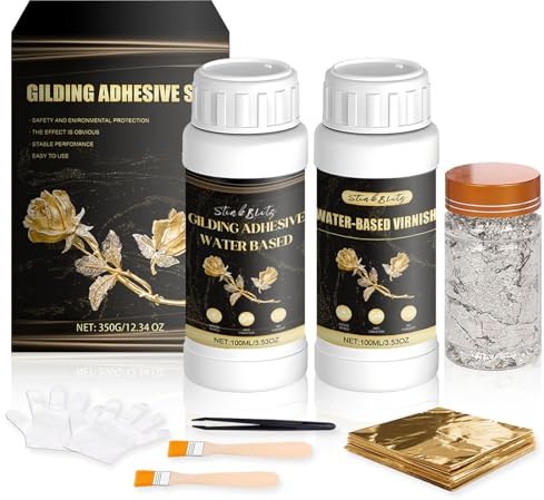 Juego de Adhesivos para Hojas de Oro, Pan de Oro Manualidades, 100pcs Hoja de,Incluye 100 ml de Pegamento y 100 ml de Barniz Protector a Base de Agua, para Manualidades