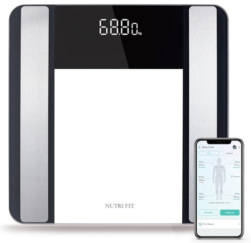 NUTRI FIT Digital Smart Body Fat Scale Bathroom Scale for Muscle Fat Transparent Tempered Glass Large LED Digits 400lb, BMI Water Protain Body Health Monitor