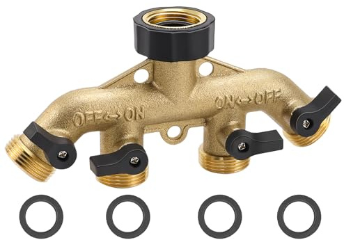 Zazafolora Distributore a 4 Vie in Ottone per Acqua da Giardino con Valvole Indipendenti, Adattatori e Rondelle di Gomma, Connettori per Irrigazione e Uso Esterno