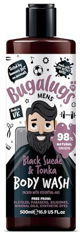 BUGALUGS Mens Shower Gel 500ml, Natural Body Wash for Men for Sensitive Skin packed with essential oils & made with Lake District Water. Now smell better than your Dog (Black Suede & Tonka)