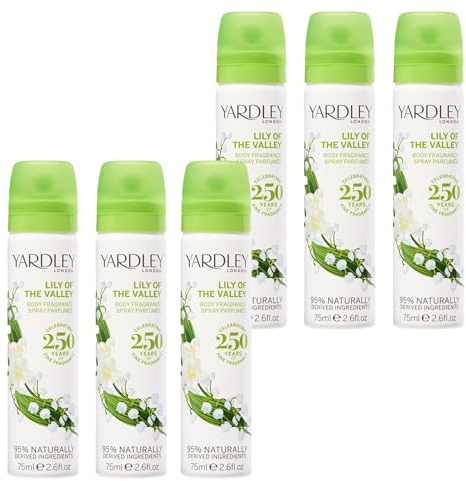 Yardley London Lily of the Valley, Spray Corporal Floral para Mujer con Notas de Pera y Fresia, Delicado Perfume de Lirio para Mujer 6 x 75ml