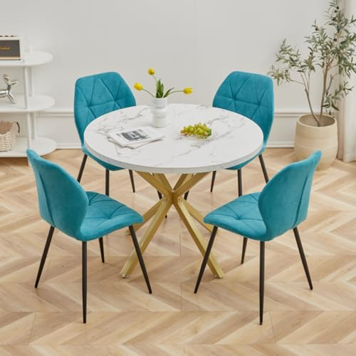GrandCA HOME Juego de Mesa y Sillas de Comedor, Mesa de Comedor Redonda de 100 CM y 4 Sillas Modernas de Lino, para Comedor, Cocina, Sala de Estar (Mármol + Azul Lago)
