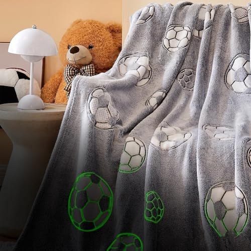 Manta infantil para niña y niño, 150 x 130 cm, cubierta que brilla en la oscuridad, suave y mullida, manta de sofá, manta cálida para Navidad, cumpleaños, Pascua (fútbol gris plata)