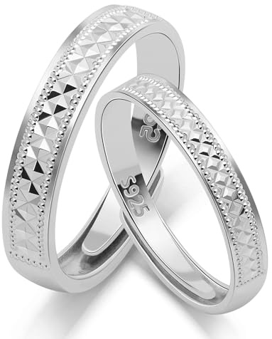 Meissa Bagues de Couple Gravées en Argent 925 – Anneaux Assortis Vintage pour Homme et Femme – Anneaux d’Amour Élégants pour Mariage, Fiançailles, Anniversaire