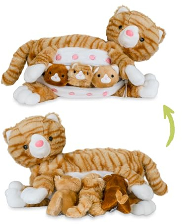 Mamanimals Kattkudde med 3 småkatter, spädbarn i magen med dragkedja för förvaring, magnetiska suttans för att suga, högkvalitativ plyschleksaksset för barn (orange tigerad)