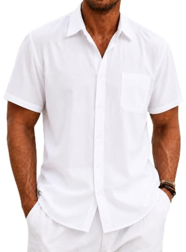 SEAYIJIA Camicia Uomo in Cotone-Lino a Maniche a Croce, con Tasca, Camicia Casual da Spiaggia, Camicia d'Estate, Bianco M