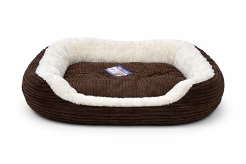 raxter Pet Basket Dog Bed & Cat Bed with Soft Fleece Faux Fur Lining, Washable, Anti-Slip Base, Raised Sides, Brown & Grey (Brown, M)