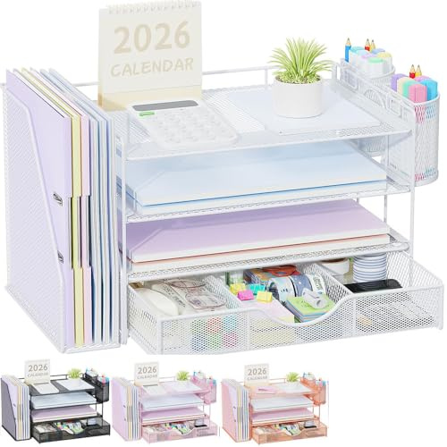 Quhombo Desk Organiser with File Holder,4-Tier Desk Organisers and Accessories with 2 Pen Holders and Drawer,Paper Letter Tray Storage with Magazine Holder for Home Office Supplies(white)