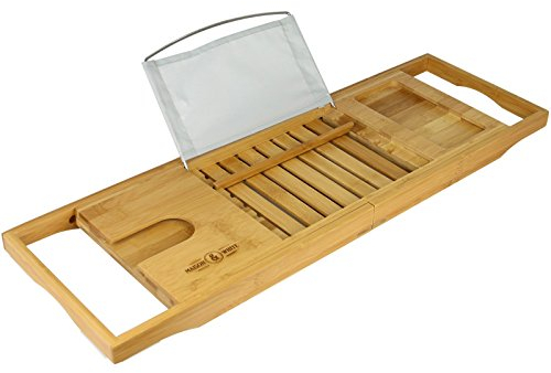 Extendable Bamboo Bath Caddy & Tray | Adjustable Luxury Home Spa Wood Bath Tub Rest | Wine Glass, Tablet / Book, Smartphone Holder Bridge | Non-Slip Feet | M&W