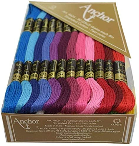 Hermosos hilos de algodón bordado, 8 m, variedad de madejas para punto de cruz, rebordear y acolchar, 50 piezas (25 x 2 piezas cada uno)