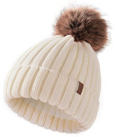 FURTALK Kleinkind Beanie Baumwollfutter Bommelmütze mit Kunstpelz Ball Unisex Mädchen & Jungen Kinder Winter Pom Pom Strickmütze