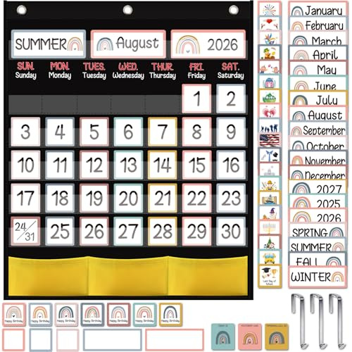 Black Classroom Calendar Pocket Chart with 89 Cards for Students Kids Large Classroom Calendar Pocket Chart for Home School Teacher Supplies (Rainbow Theme)
