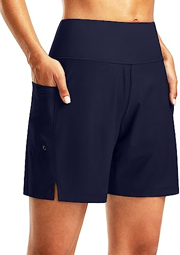 G Gradual Women's 7 Long Swim Board Shorts High Waisted Quick Dry Beach Swimming Shorts for Women with Liner Pockets(Navy,L)