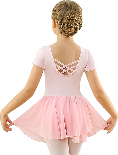 Mulnall Ballettkleid Mädchen Ballett Kleid Kurzarm Langarm Criss Cross Baumwolle Balletttrikot Gymnastik Kinder Tanzbody mit Rock Tütü Kostüm Tanzbekleidung 2-12 Jahre(2140-08B-M)