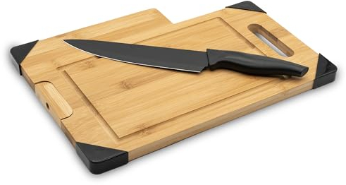 Tagliere da Cucina | Tagliere in Legno 35 x 25 | Tagliere da Cucina Professionale adatto a tutti i tagli | Dotato di Coltello e Paraspigoli | Tagliere con Scanalatura per i Liquidi