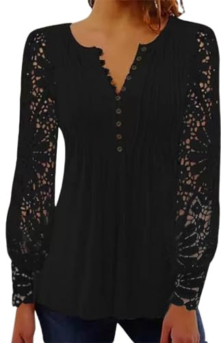 BISKAMY Tops for Women UK Elegant Ladies Tops Lace Patchwork Shirts Long Sleeve V Neck Blouse Plus Size Casual Loose T-Shirt， Black XX-Large