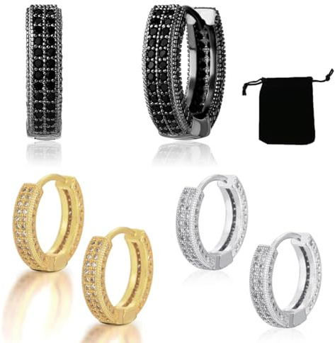 ZXUSHE Orecchini da Uomo e Donna a Cerchio Con Strass - Nero, Oro, Argento (3 Paia)