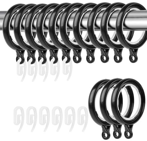 40 Pack Curtain Rings and Hooks, KissDate Black 36mm Hanging Rings Hooks Plastic Black Curtain Rings with Hooks for Hanging Curtains Drape Sliding Eyelet Rings