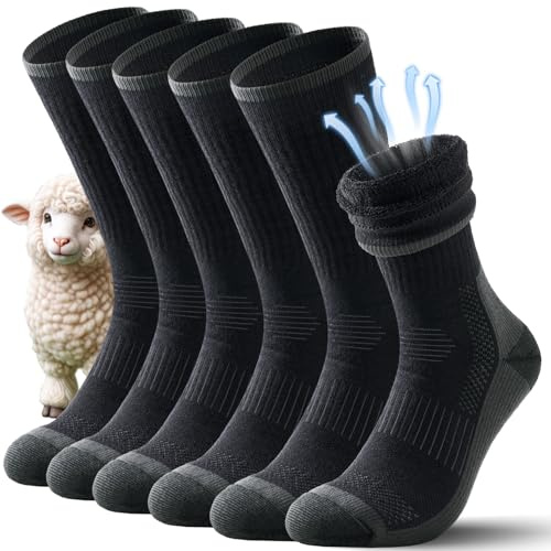 TANSTC 3 Pares Calcetines Lana Merino Clásicos, Traspirables, Calcetines Trabajo Hombre y Mujer, Negro 47-50