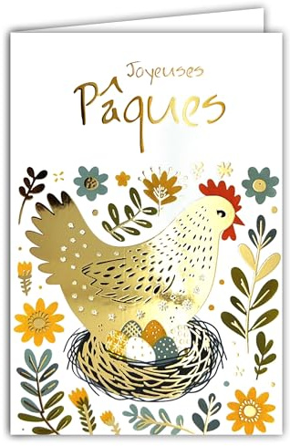 62-1028 Carte Joyeuses Pâques en Or Doré Brillant avec Enveloppe 12x17,5cm Illustration Poule qui couve des Œufs peints Nid Fleurs Fête Printemps Création Édition Impression Fabrication Française