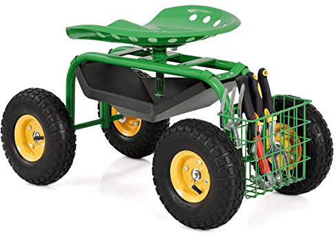 COSTWAY Asiento de Jardín con Ruedas, Taburete Móvil de Trabajo de Jardinería con Altura Ajustable y Asiento Giratorio de 360°, Cesta de Almacenamiento, Carro de Trabajo para Césped, Patio(Verde)
