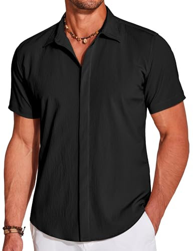 COOFANDY Men's Button Down Shirts Casual Short Sleeve Summer Beach Shirt Lightweight Textured Wrinkle Free Stretch Shirts Black L