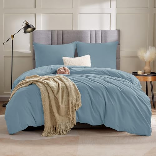 WAVVE Biancheria da letto 220 x 240 cm, 3 pezzi, grigio e blu, copripiumino da 220 x 240 cm, con federe da 65 x 65 cm, set di biancheria da letto 240 x 220 cm, in microfibra con chiusura lampo