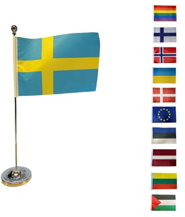 Bordsflagga med Ställ – Tygflagga 21 x 14 cm på Metallstång, 38 cm Bordsflagga med Stativ, Utbytbar Nationalflagga för Skrivbord, Skola, Evenemang och Dekoration – Flera Länder Tillgängliga