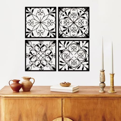 Resama 4-Stücke Rustikale Wand Dekor Bauernhaus Wand Dekor für Wohnzimmer Metall Hohl Geschnitzt Design Metall Dekorativ für Home Schlafzimmer Küche Büro (Schwarz, Quadratisch)