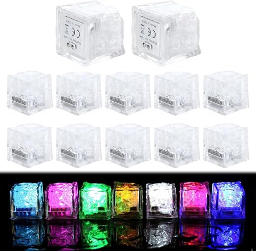 12 luces LED de cubitos de hielo, multicolor con sensor de líquido, cubos de hielo con luz de neón,cubos de hielo alimentados Cubitos de Hielo LED Decoración para festival hotel bar boda fiesta