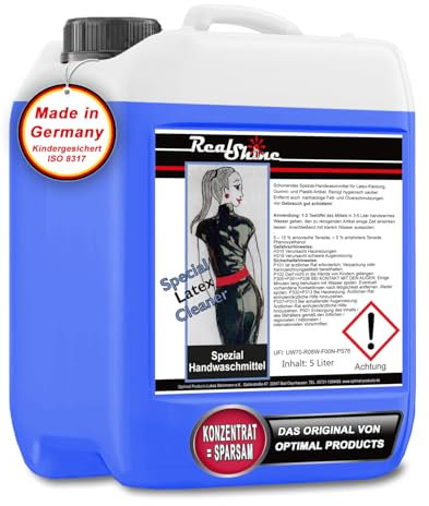 Optimal Products Special Latex Cleaner 5 l I Lessive pour latex avec brillance I Nettoyant latex inodore végétalien I Lessive spéciale pour vêtements en latex I Nettoyant également pour caoutchouc et
